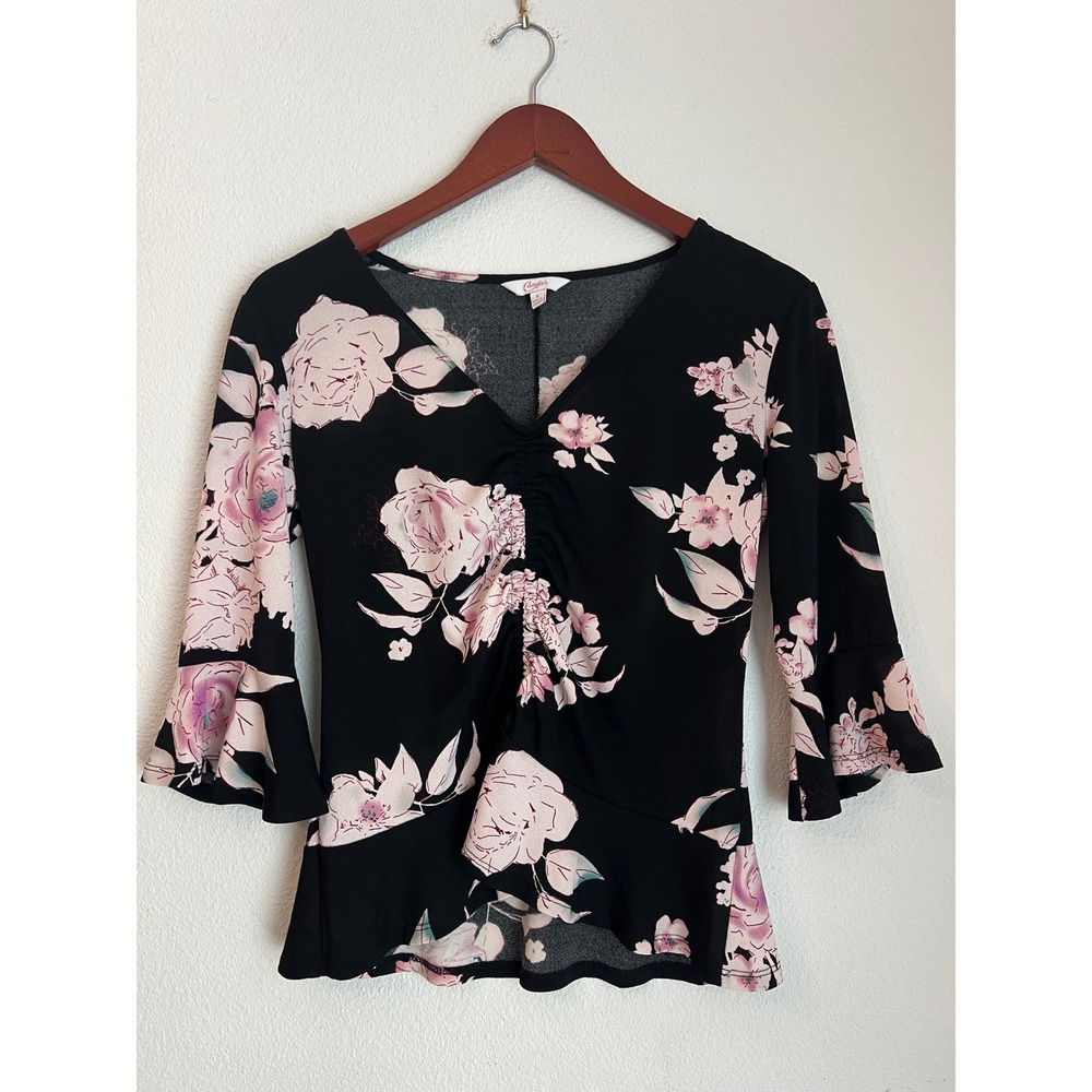 Candies Floral Print‎ Blouse Black Pink 3/4 Sleeve V Neck Ruched Front Top